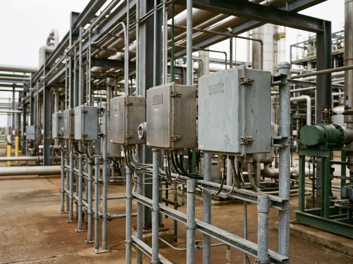 An outdoor chemical plant process unit with piping and instrumentation typical of a hazardous area classification.