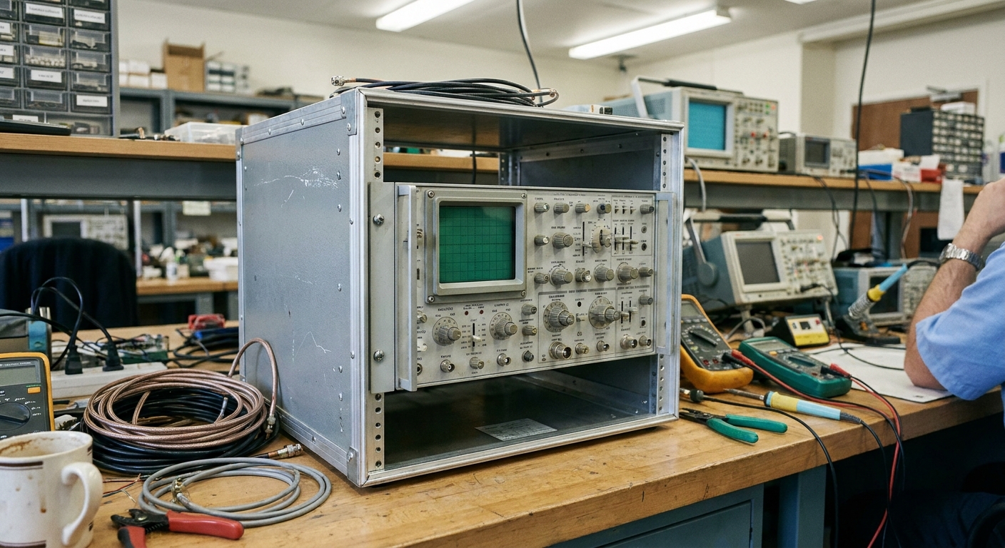 An aluminum handheld test instrument case open on a workbench beside a 19-inch rack-mount instrument case.
