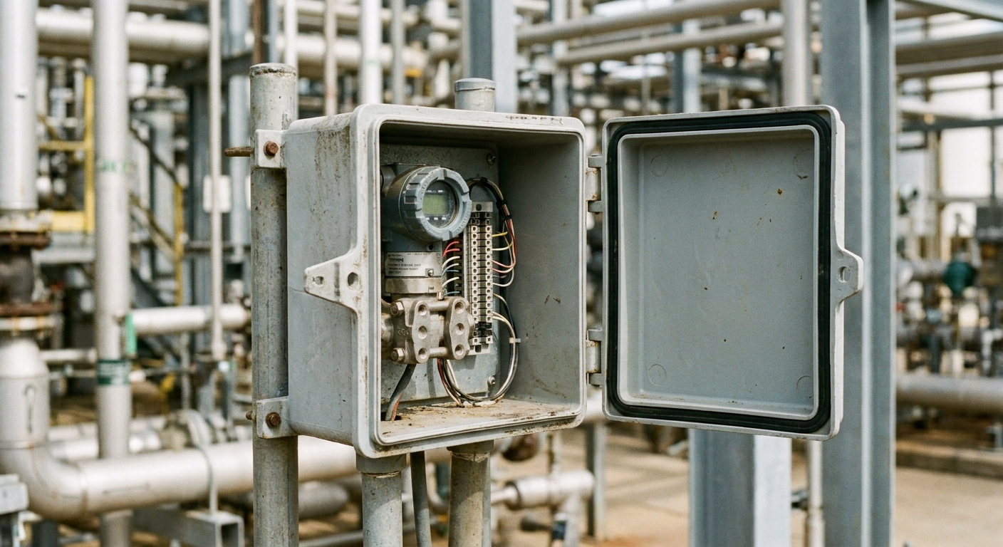 A fiberglass instrument enclosure with its access door open, mounted on a pipe stand next to a field transmitter.