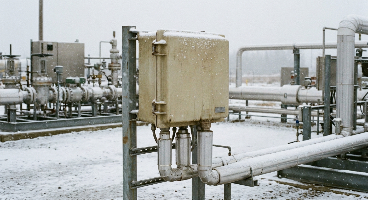 A heated, insulated instrument enclosure mounted outdoors in the snow, keeping a field instrument above freezing.