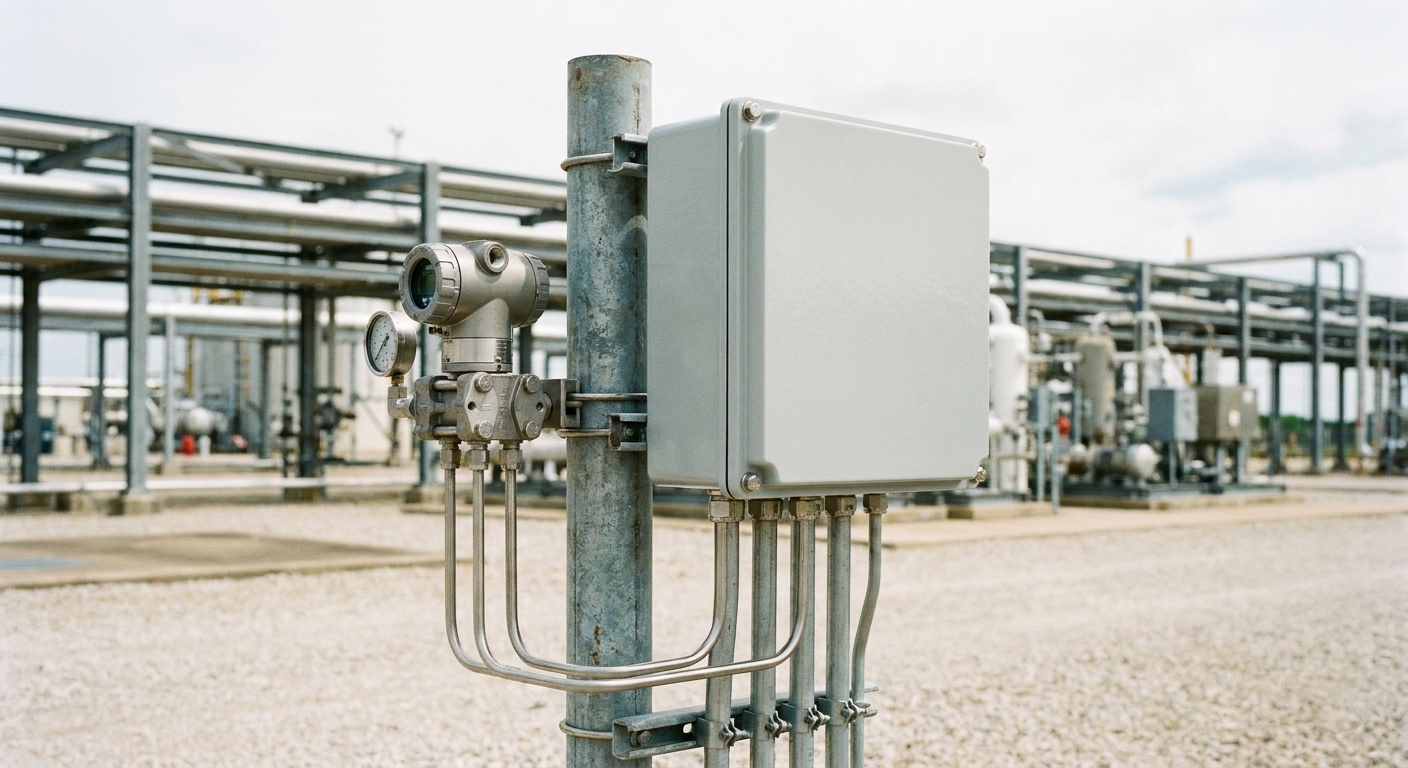 A fiberglass instrument enclosure mounted on a pipe stand, the product category this domain names