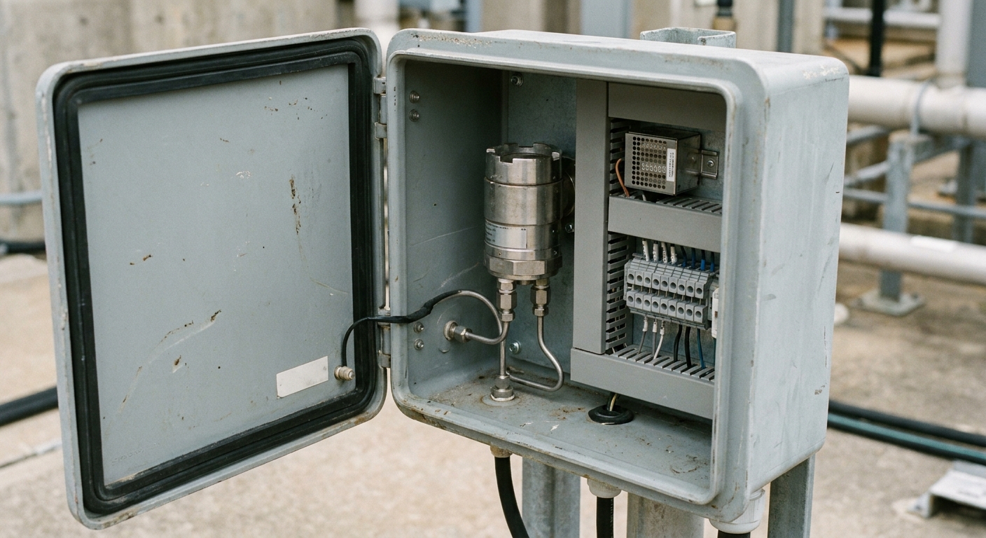 A field transmitter mounted inside an open instrument enclosure, showing the terminal wiring and gasketed door.