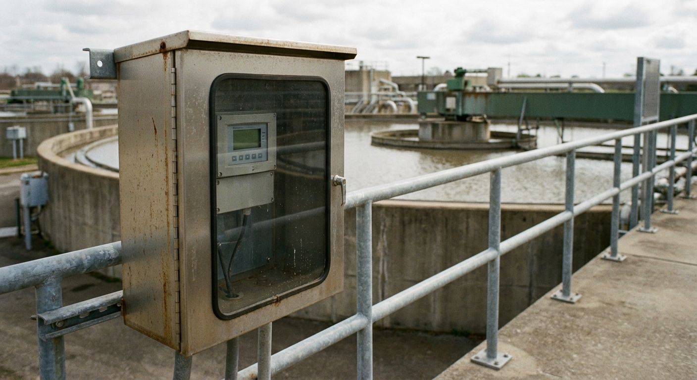 Instrument enclosures protecting analyzers and transmitters at an outdoor water treatment facility.